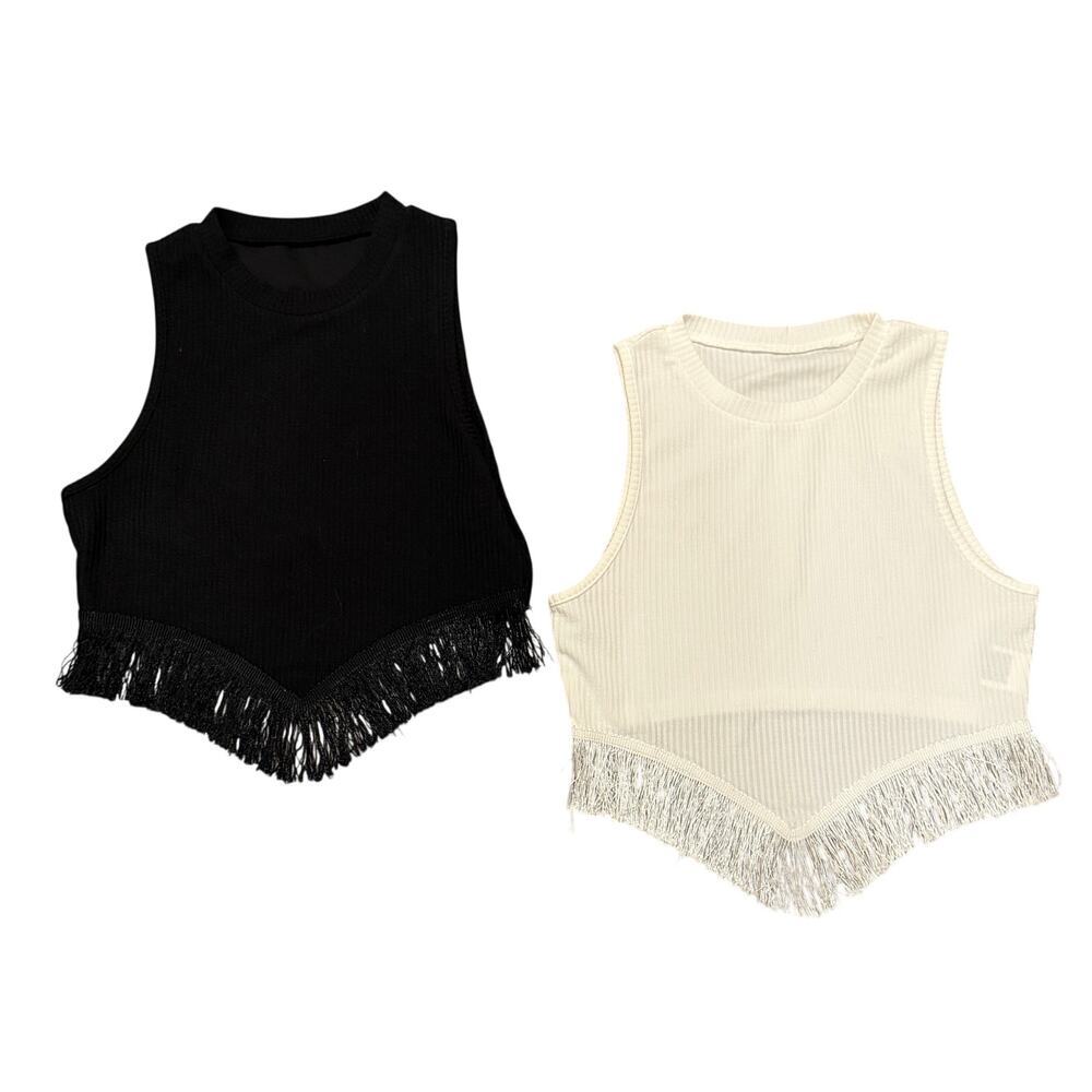 Black White Fringe Crop Top Bundle Set Western Cowgirl Medium Festival Nashville